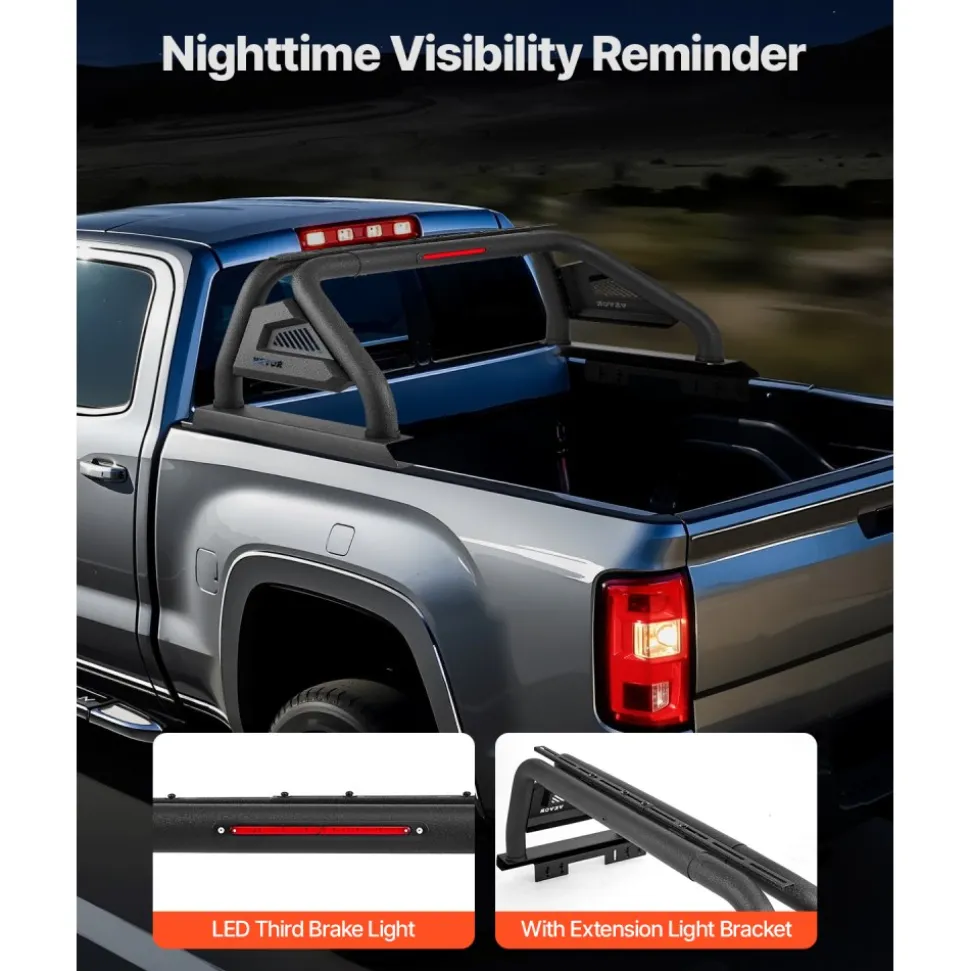 VEVOR Truck Bed Roll Bar, Universal Adjustable Sport Bar Chase Rack, with Luggage Rack for Full-Size Pickup, Carbon Steel Construction with Extension Light Bracket, Rust-resistant Coating