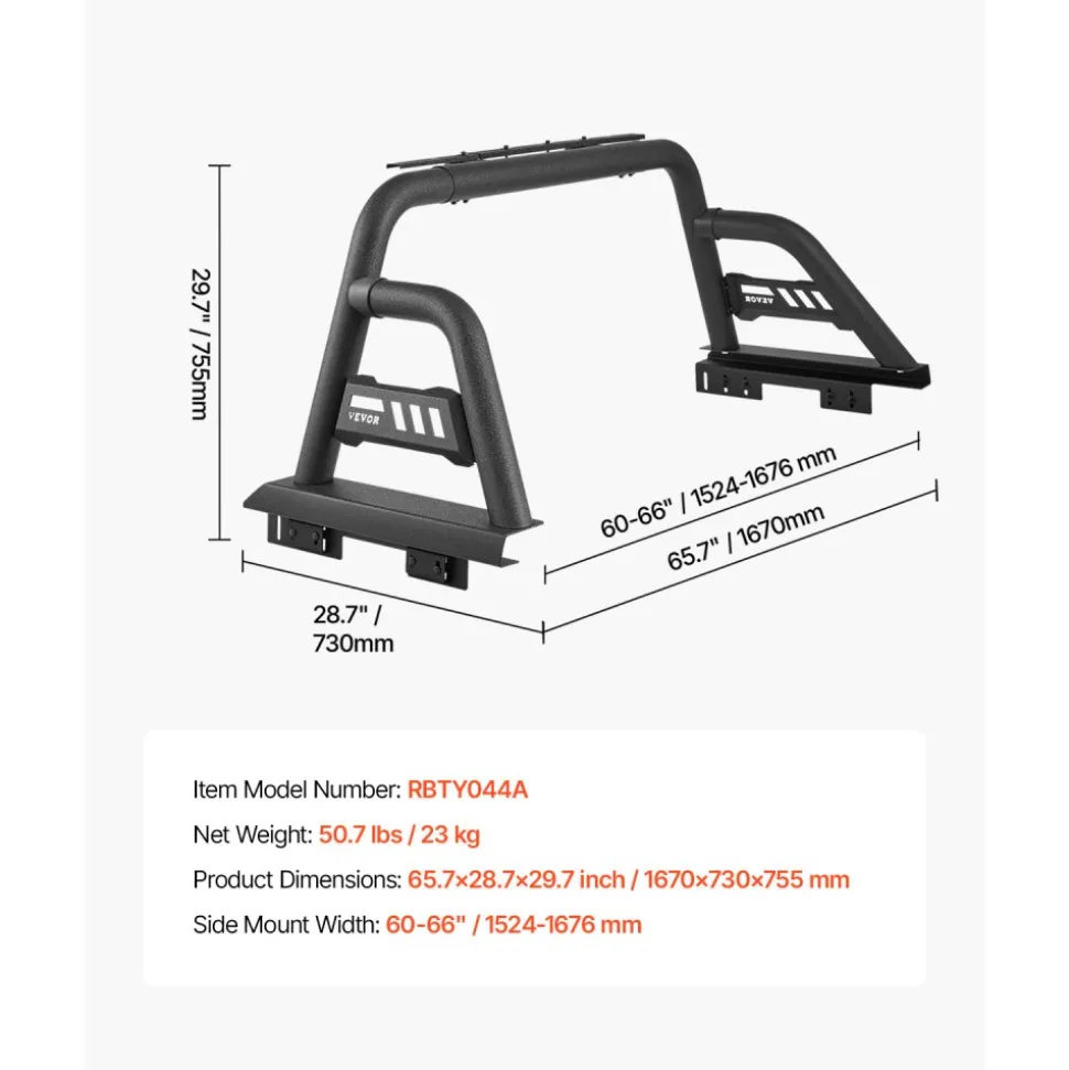 VEVOR Truck Bed Roll Bar, Universal Pickup Sport Adjustable Bar Chase Rack Compatible with Full-Size Truck, Carbon Steel Construction with Extension Light Bracket, No Rack Included