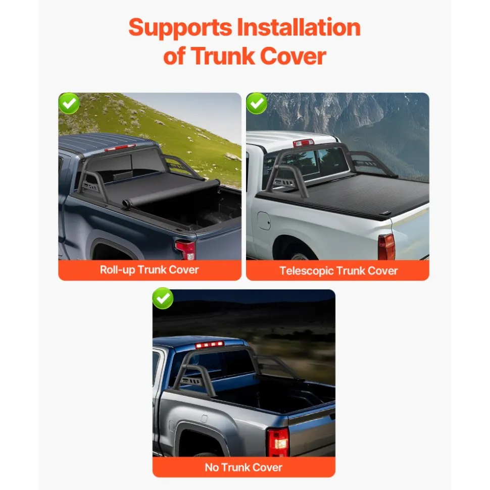 VEVOR Truck Bed Roll Bar, Universal Pickup Sport Adjustable Bar Chase Rack Compatible with Full-Size Truck, Carbon Steel Construction with Extension Light Bracket, No Rack Included