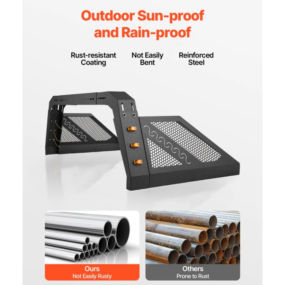 VEVOR Truck Bed Roll Bar, Universal Pickup Sport Adjustable Bar Chase Rack Compatible with Full-Size Truck, Carbon Steel Construction with 6 Amber Auxiliary Lights, No Rack Included