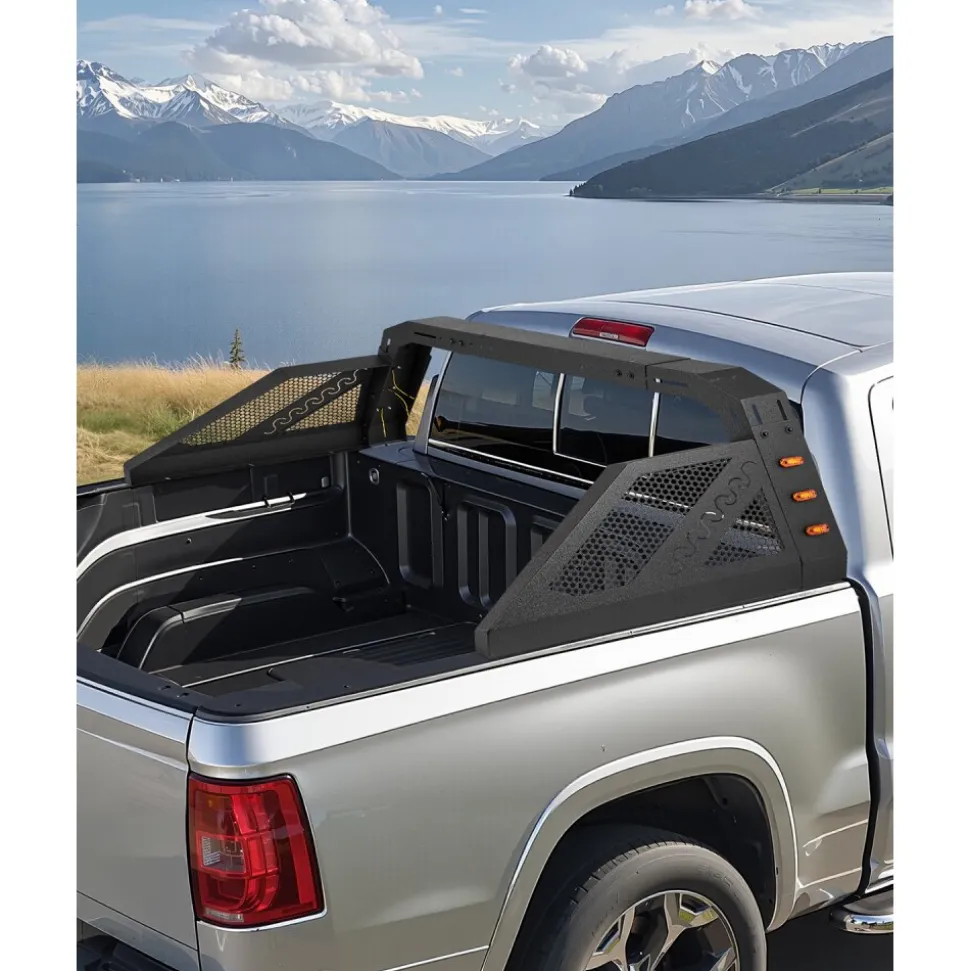 VEVOR Truck Bed Roll Bar, Universal Pickup Sport Adjustable Bar Chase Rack Compatible with Full-Size Truck, Carbon Steel Construction with 6 Amber Auxiliary Lights, No Rack Included