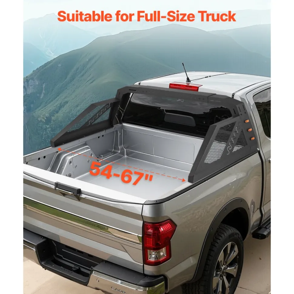 VEVOR Truck Bed Roll Bar, Universal Pickup Sport Adjustable Bar Chase Rack Compatible with Full-Size Truck, Carbon Steel Construction with 6 Amber Auxiliary Lights, No Rack Included