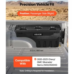 VEVOR Truck Bed Storage Box, 6.6 Gal/25L Waterproof ABS Wheel Well Tool Box, Anti-Theft Lock, Compatible with 2020-2025 Chevy/GMC Silverado/Sierra 2500/3500HD, Passenger Side Right (Drilling Required)