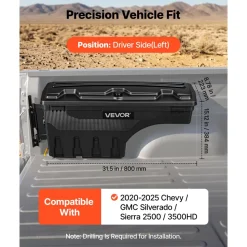 VEVOR Truck Bed Storage Box, 6.6 Gal/25 L Waterproof ABS Wheel Well Tool Box, Anti-Theft Combination Lock, Compatible with 2002-2018 Dodge Ram 1500 2500 3500, Passenger Side Right (Drilling Required)