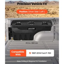 VEVOR Truck Bed Storage Box, 6.6 Gal/25 L Waterproof ABS Wheel Well Tool Box with Anti-Theft Combination Lock, Compatible with 2002-2018 Dodge Ram 1500 2500 3500, Driver Side Left (Drilling Required)