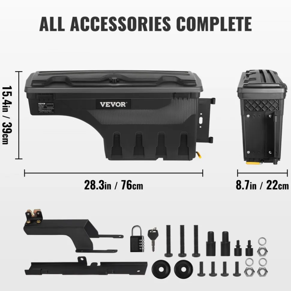 VEVOR Truck Bed Storage Box, Lockable Lid, Waterproof ABS Wheel Well Tool Box 6.6 Gal/20 L, Compatible with Chevrolet Silverado 1500 GMC Sierra 1500 2019-2020, Driver Side, Black