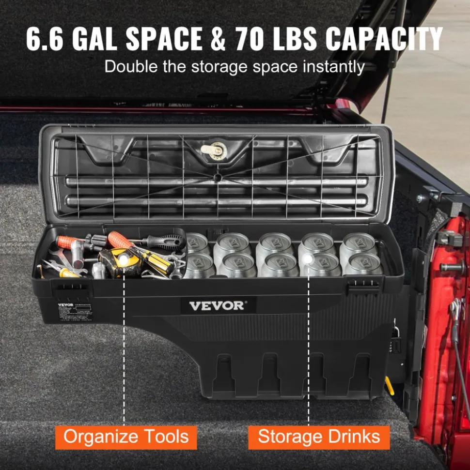 VEVOR Truck Bed Storage Box, Lockable Lid, Waterproof ABS Wheel Well Tool Box 6.6 Gal/20 L, Compatible with Chevrolet Silverado 1500 GMC Sierra 1500 2019-2020, Driver Side, Black