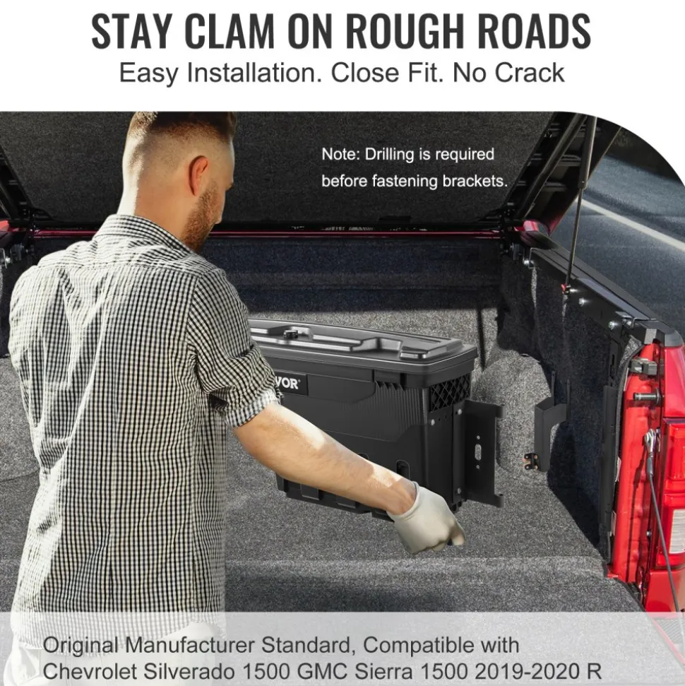VEVOR Truck Bed Storage Box, Lockable Lid, Waterproof ABS Wheel Well Tool Box 6.6 Gal/20 L, Compatible with Chevrolet Silverado 1500 GMC Sierra 1500 2019-2020, Passenger Side, Black