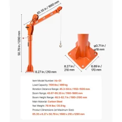 VEVOR Truck Crane, 1100 lbs Manual Pickup Truck Crane with Hand Winch, 360° Rotating Telescopic Boom, Premium Galvanized Steel, Foldable Pickup Bed Jib for Machine Lumber Attic Heavy Load Lifting