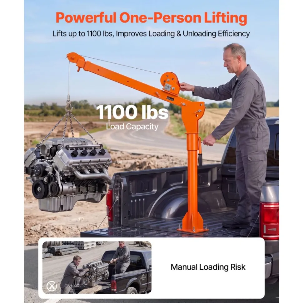VEVOR Truck Crane, 1100 lbs Manual Pickup Truck Crane with Hand Winch, 360° Rotating Telescopic Boom, Premium Galvanized Steel, Foldable Pickup Bed Jib for Machine Lumber Attic Heavy Load Lifting