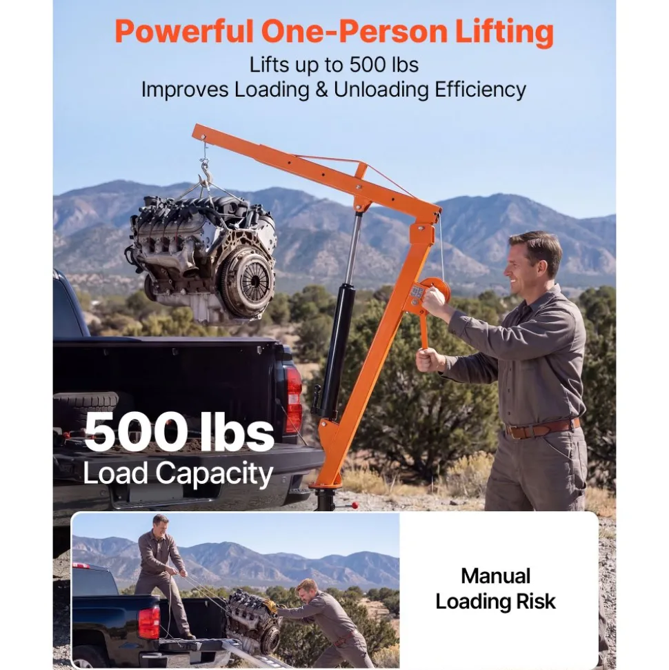 VEVOR Truck Crane, 500 lbs Pickup Hitch Crane Trailer Hitch Mounted with Manual Winch & Hydraulic Jack, 360° Rotating Telescopic Boom, Foldable Truck Bed Jib Hoist for Machine Lumber Equipment Lifting