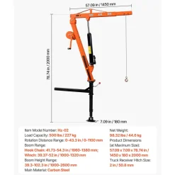VEVOR Truck Crane, 500 lbs Pickup Hitch Crane Trailer Hitch Mounted with Manual Winch & Hydraulic Jack, 360° Rotating Telescopic Boom, Foldable Truck Bed Jib Hoist for Machine Lumber Equipment Lifting