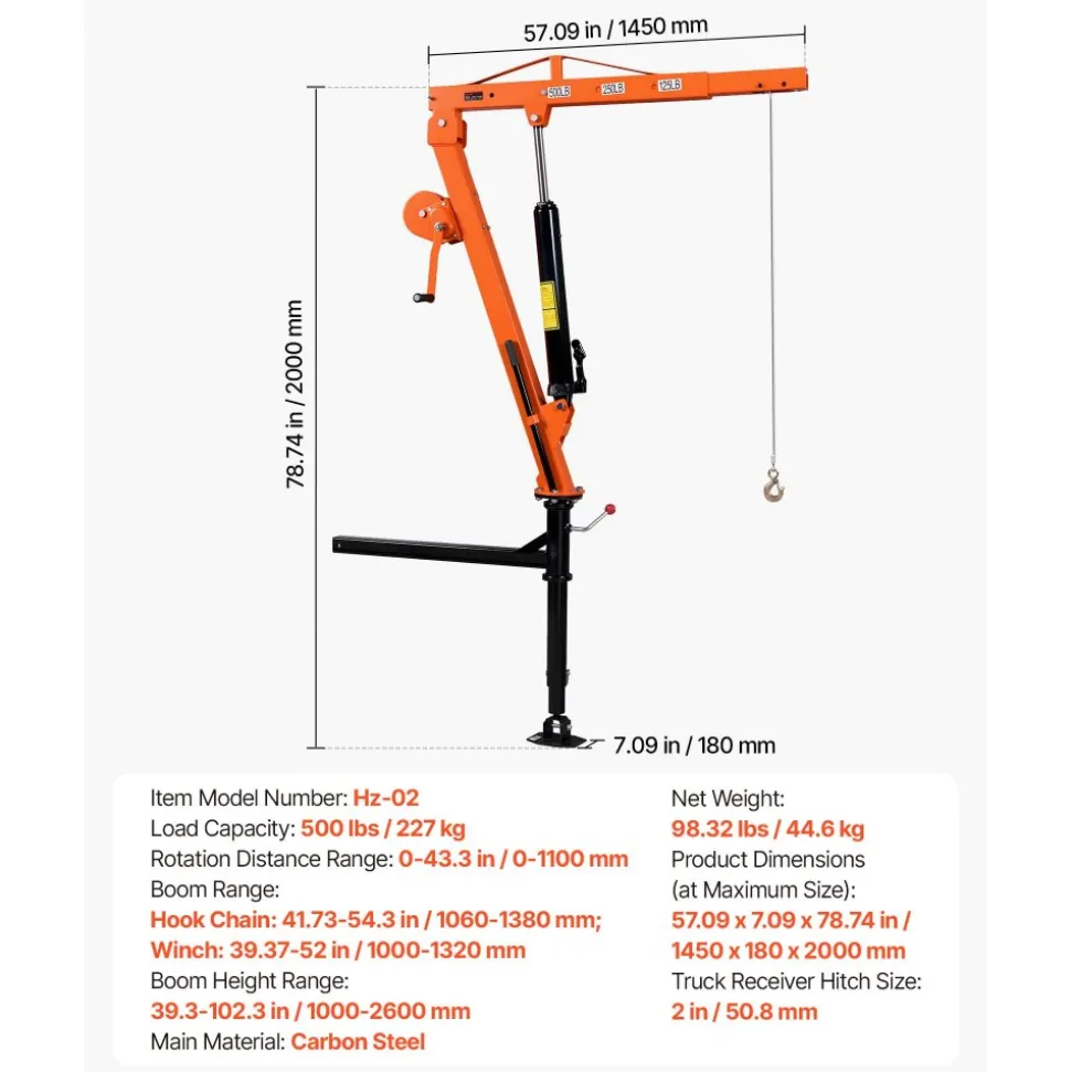 VEVOR Truck Crane, 500 lbs Pickup Hitch Crane Trailer Hitch Mounted with Manual Winch & Hydraulic Jack, 360° Rotating Telescopic Boom, Foldable Truck Bed Jib Hoist for Machine Lumber Equipment Lifting