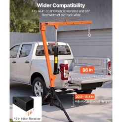 VEVOR Truck Crane, 1000 lbs Pickup Hitch Crane Trailer Hitch Mounted, Manual Hydraulic with 8T Hydraulic Jack, 360° Rotating Telescopic Boom,Foldable Truck Bed Jib for Machine Lumber Equipment Lifting