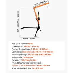 VEVOR Truck Crane, 1000 lbs Pickup Hitch Crane Trailer Hitch Mounted, Manual Hydraulic with 8T Hydraulic Jack, 360° Rotating Telescopic Boom,Foldable Truck Bed Jib for Machine Lumber Equipment Lifting