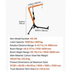 VEVOR Truck Crane, 1500 lbs Pickup Hitch Crane Trailer Hitch Mounted, Manual Hydraulic with 12T Hydraulic Jack, 360° Swivel Telescopic Boom, Foldable Truck Bed Jib for Machine Lumber Equipment Lifting