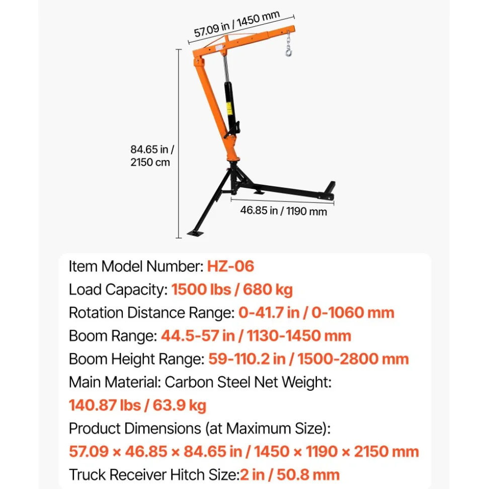 VEVOR Truck Crane, 1500 lbs Pickup Hitch Crane Trailer Hitch Mounted, Manual Hydraulic with 12T Hydraulic Jack, 360° Swivel Telescopic Boom, Foldable Truck Bed Jib for Machine Lumber Equipment Lifting