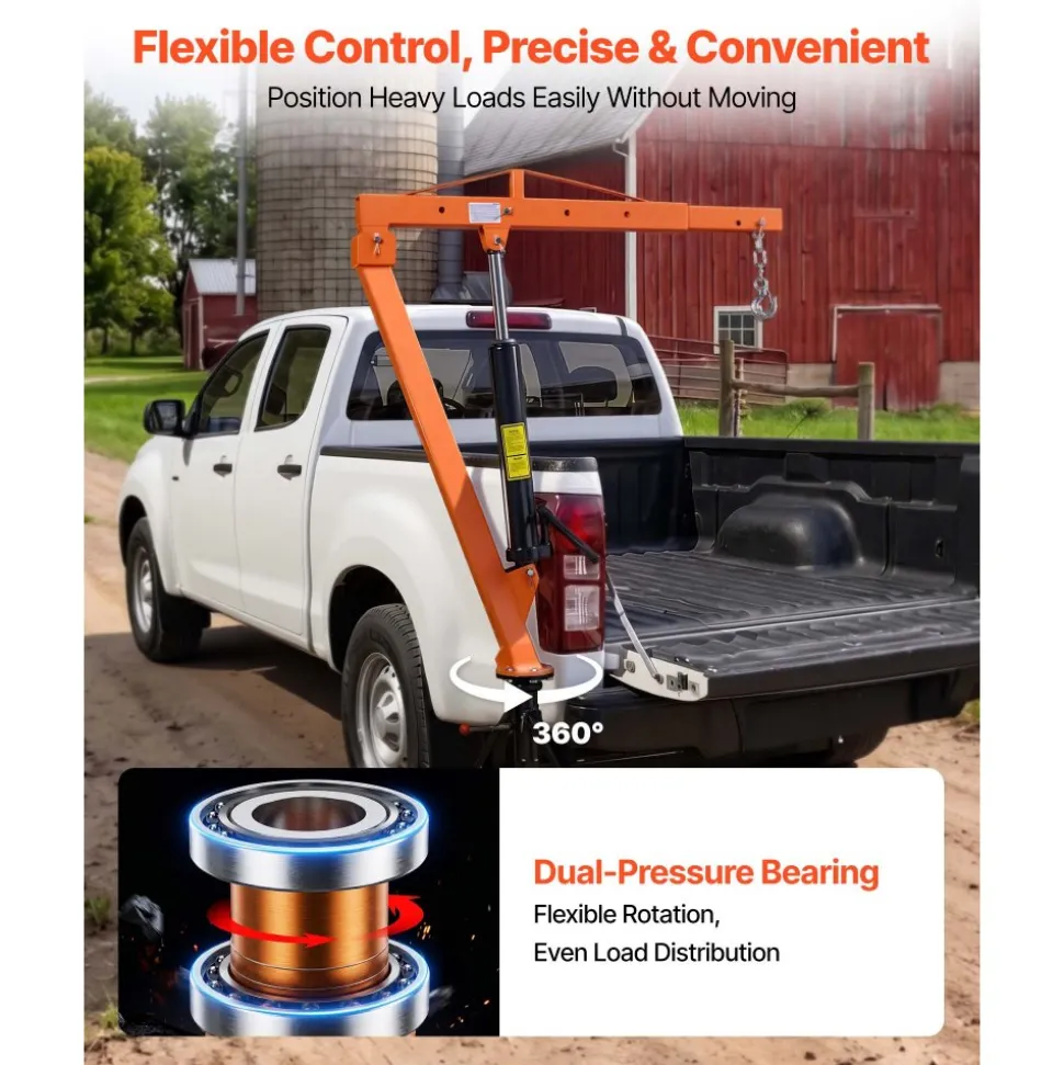 VEVOR Truck Crane, 1500 lbs Pickup Hitch Crane Trailer Hitch Mounted, Manual Hydraulic with 12T Hydraulic Jack, 360° Swivel Telescopic Boom, Foldable Truck Bed Jib for Machine Lumber Equipment Lifting