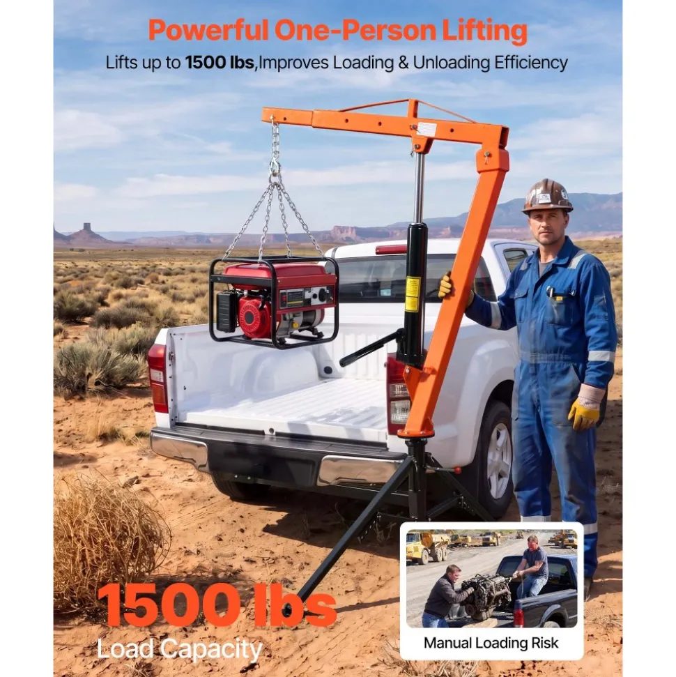 VEVOR Truck Crane, 1500 lbs Pickup Hitch Crane Trailer Hitch Mounted, Manual Hydraulic with 12T Hydraulic Jack, 360° Swivel Telescopic Boom, Foldable Truck Bed Jib for Machine Lumber Equipment Lifting