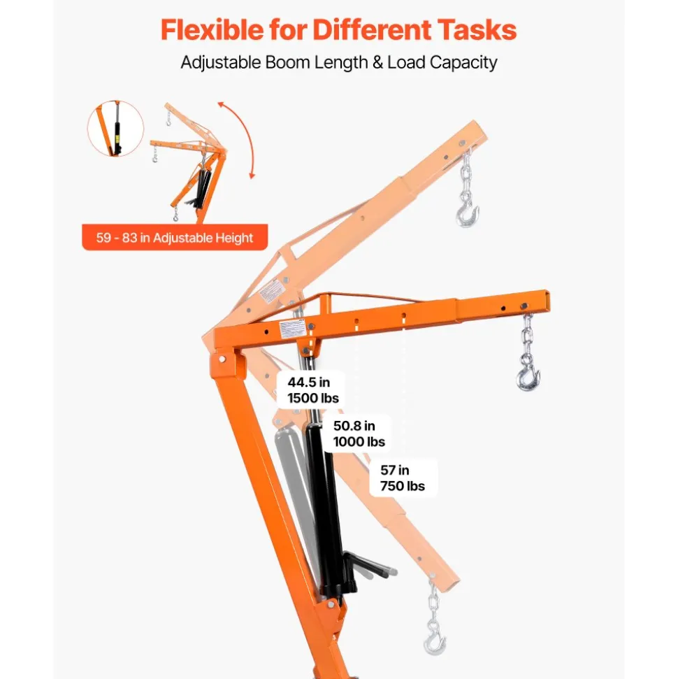 VEVOR Truck Crane, 1500 lbs Pickup Hitch Crane Trailer Hitch Mounted, Manual Hydraulic with 12T Hydraulic Jack, 360° Swivel Telescopic Boom, Foldable Truck Bed Jib for Machine Lumber Equipment Lifting