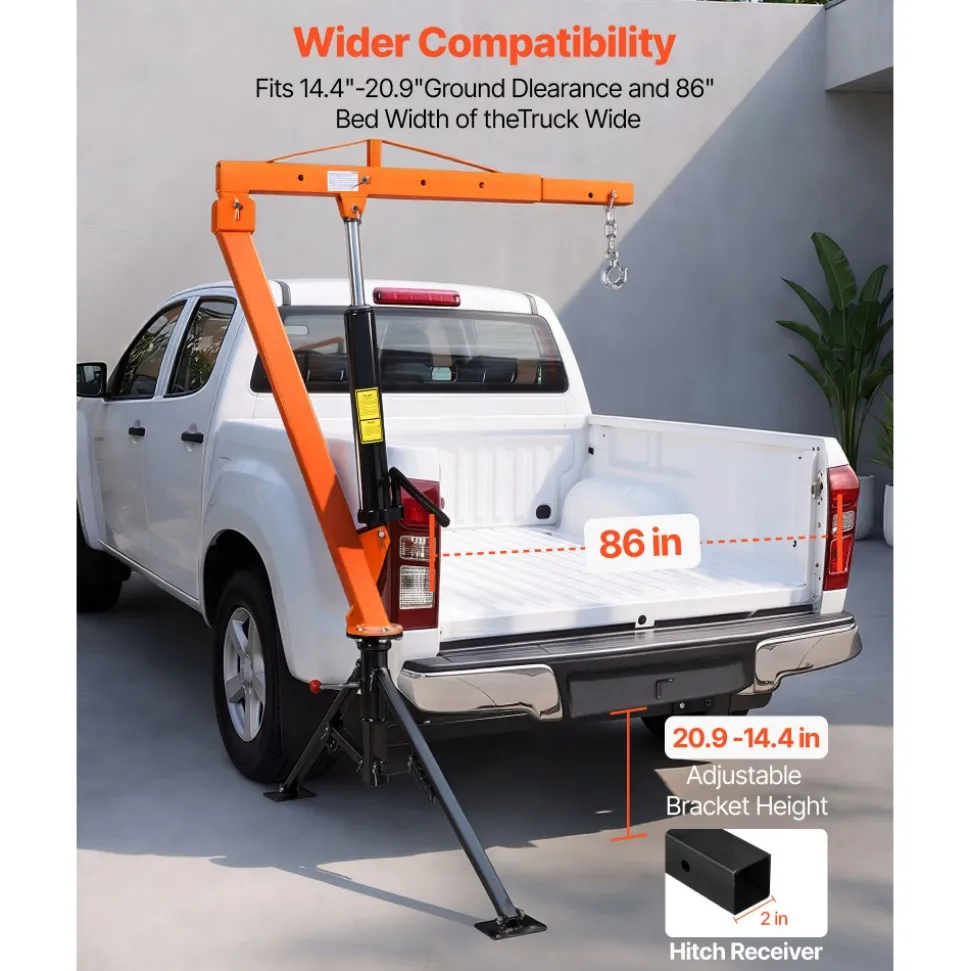 VEVOR Truck Crane, 1500 lbs Pickup Hitch Crane Trailer Hitch Mounted, Manual Hydraulic with 12T Hydraulic Jack, 360° Swivel Telescopic Boom, Foldable Truck Bed Jib for Machine Lumber Equipment Lifting
