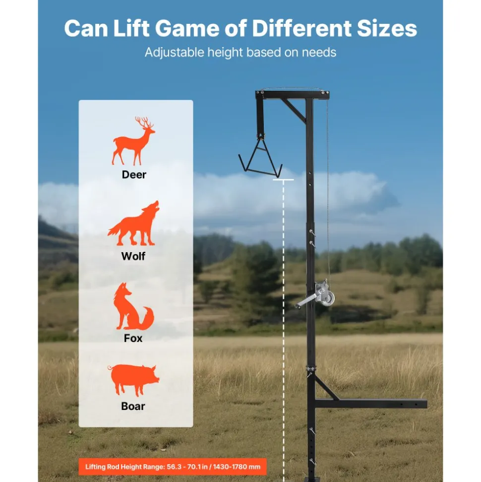 VEVOR Truck Hitch Game Hoist, 400 lbs Load Capacity, Hunting Deer Hoist with 2-inch Receiver, 360-Degree Swivel Shaft & Adjustable Height, Includes Gambrel Winch for Skinning & Cleaning Game