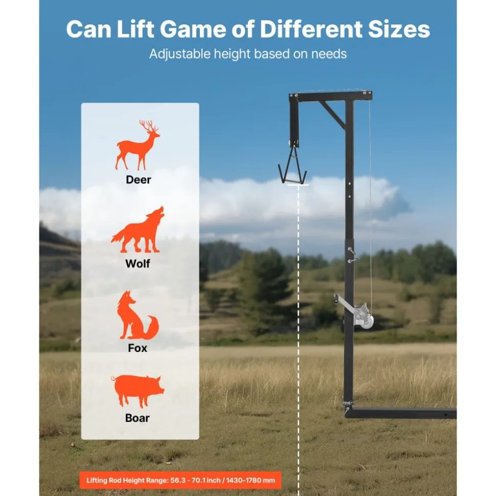 VEVOR Truck Hitch Game Hoist, 300 lbs Load Capacity, Hunting Deer Hoist with 2-inch Receiver, 360-Degree Swivel Shaft & Adjustable Height, Includes Gambrel Winch for Skinning & Cleaning Game
