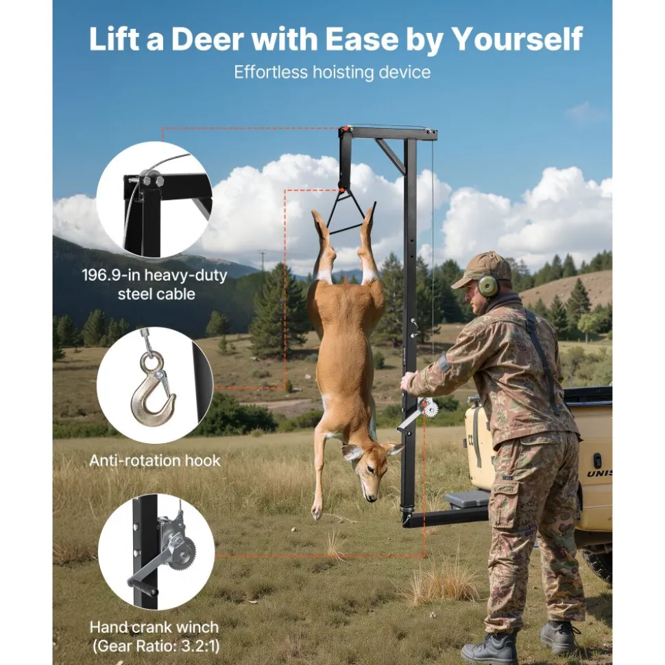 VEVOR Truck Hitch Game Hoist, 300 lbs Load Capacity, Hunting Deer Hoist with 2-inch Receiver, 360-Degree Swivel Shaft & Adjustable Height, Includes Gambrel Winch for Skinning & Cleaning Game