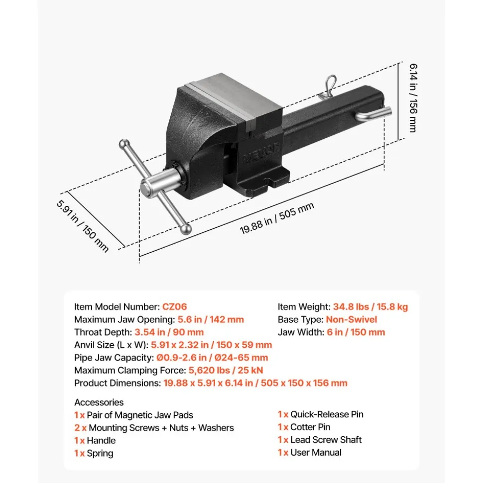 VEVOR Truck Hitch Vise, 6" Jaw Width, Heavy Duty Ductile Iron Bench Vise with Anvil, 1 Pair Magnetic Jaw Pads, Pin, 3.54" Throat Depth, 5.6" Max Jaw Opening, Multi-Purpose, for Truck Trailer Receiver