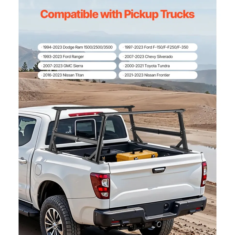 VEVOR Truck Ladder Rack, 21-31.5 in Height, Adjustable Non-Drilling Aluminum Cargo Rack with Sidebar, 800 lbs Static Capacity, Ideal for Canoes, Surfboards, Ladders, Lumber, Tents, and Large cargo
