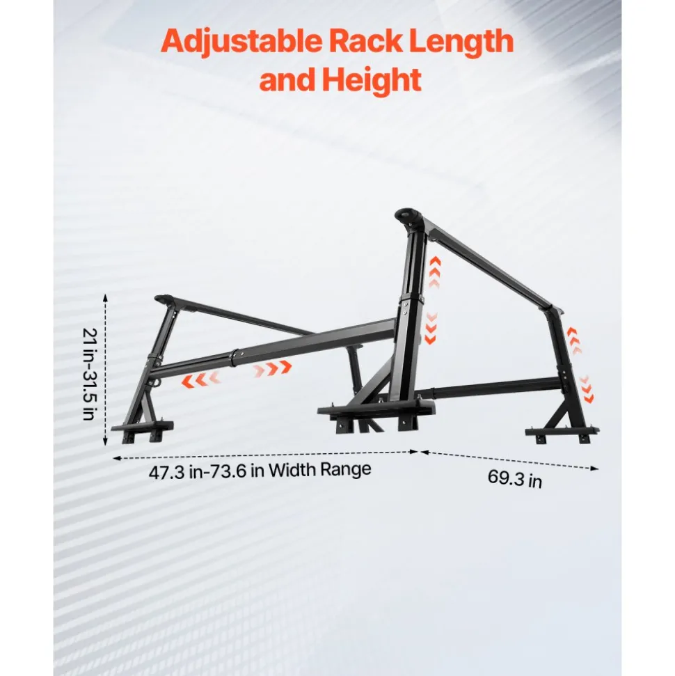 VEVOR Truck Ladder Rack, 21-31.5 in Height, Adjustable Non-Drilling Aluminum Cargo Rack with Sidebar, 800 lbs Static Capacity, Ideal for Canoes, Surfboards, Ladders, Lumber, Tents, and Large cargo