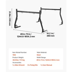VEVOR Truck Ladder Rack, 49-73 in Width, Extendable Universal Cargo Rack, Heavy Duty Steel with 800 lbs Static Load Capacity, Ideal for Canoes, Surfboards, Ladders, Lumber, Tents, and Large Cargo