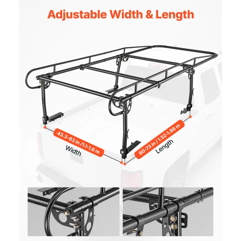 VEVOR Truck Ladder Rack 800LBS Capacity Universal Over-Cab Trucks Bed Rack, 43.3"-63" Width Adjustable for Kayak Surfboard Lumber, Non-Drilling/Drilling Installation, Fits Short-Bed & Long-Bed Trucks