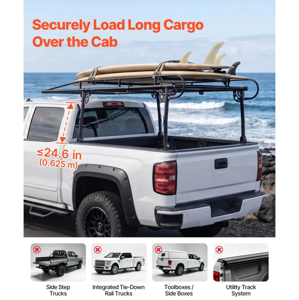 VEVOR Truck Ladder Rack 800LBS Capacity Universal Over-Cab Trucks Bed Rack, 43.3"-63" Width Adjustable for Kayak Surfboard Lumber, Non-Drilling/Drilling Installation, Fits Short-Bed & Long-Bed Trucks