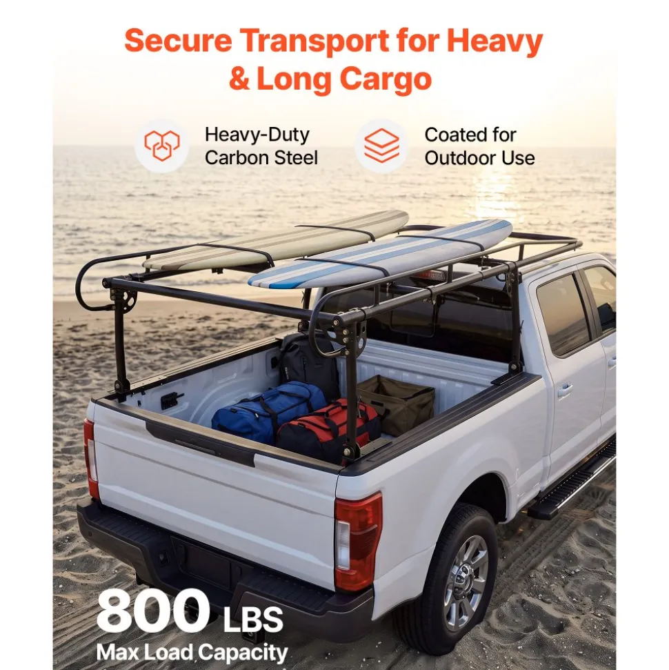 VEVOR Truck Ladder Rack 800LBS Capacity Universal Over-Cab Trucks Bed Rack, 43.3"-63" Width Adjustable for Kayak Surfboard Lumber, Non-Drilling/Drilling Installation, Fits Short-Bed & Long-Bed Trucks
