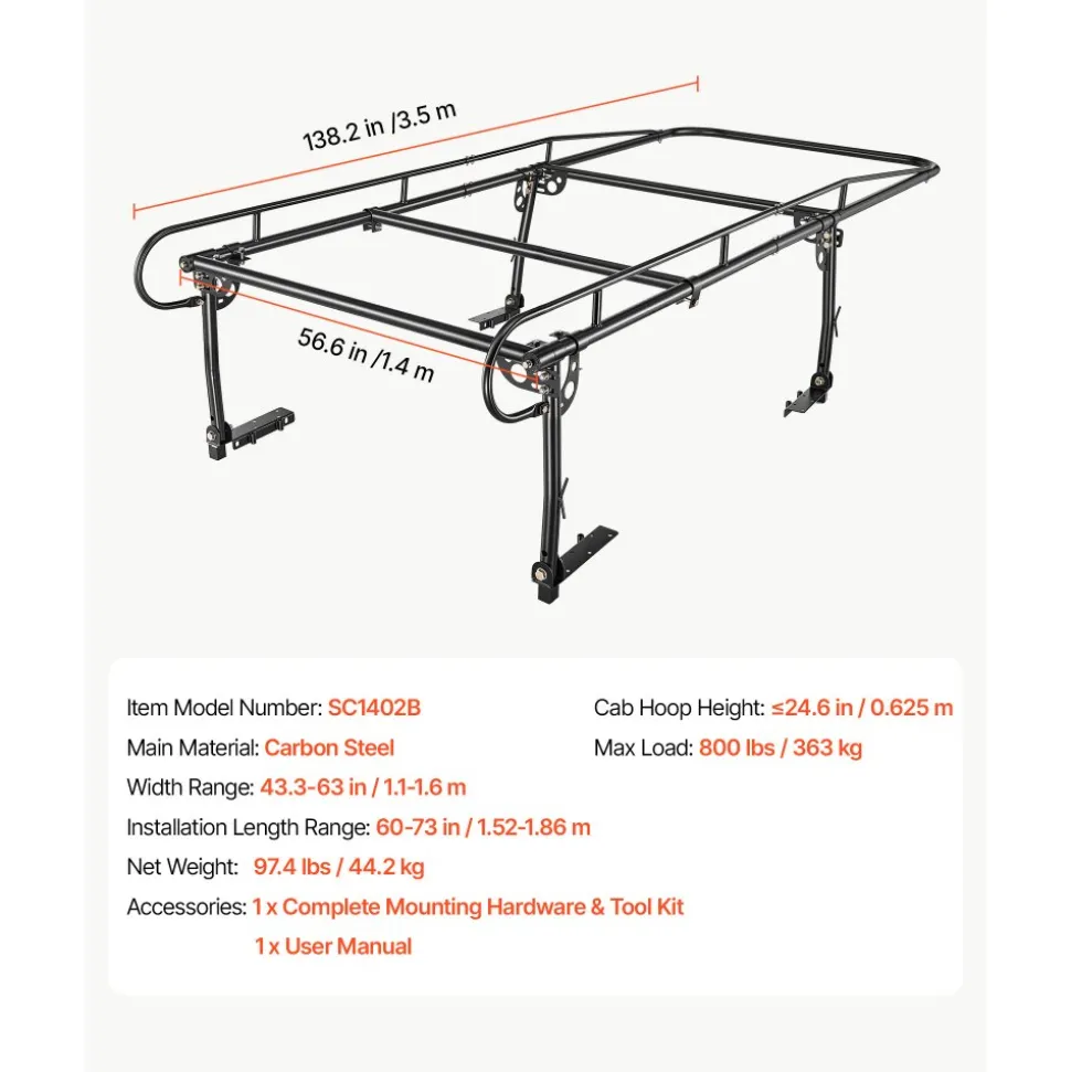 VEVOR Truck Ladder Rack 800LBS Capacity Universal Over-Cab Trucks Bed Rack, 43.3"-63" Width Adjustable for Kayak Surfboard Lumber, Non-Drilling/Drilling Installation, Fits Short-Bed & Long-Bed Trucks
