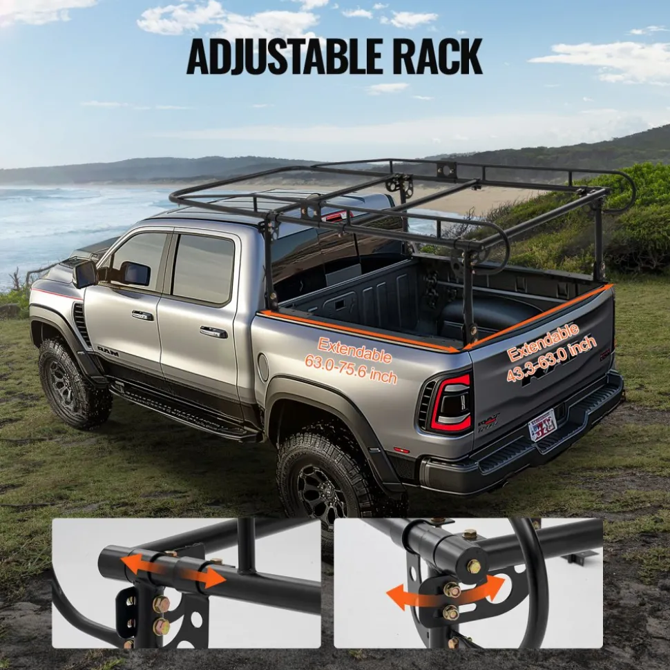 VEVOR Truck Ladder Rack, 1000 LBS / 454 KG Strong Capacity Truck Racks, Non-Drilling / Drilling Installation for Long or Heavy Cargo, 43.3-63 inch Adjustable Width for Kayak, Ladder, Surfboard, Lumber