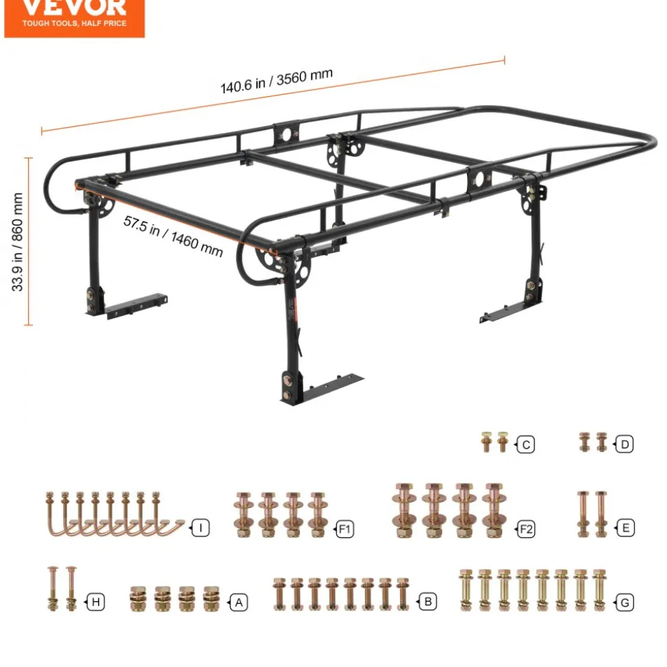 VEVOR Truck Ladder Rack, 1000 LBS / 454 KG Strong Capacity Truck Racks, Non-Drilling / Drilling Installation for Long or Heavy Cargo, 43.3-63 inch Adjustable Width for Kayak, Ladder, Surfboard, Lumber