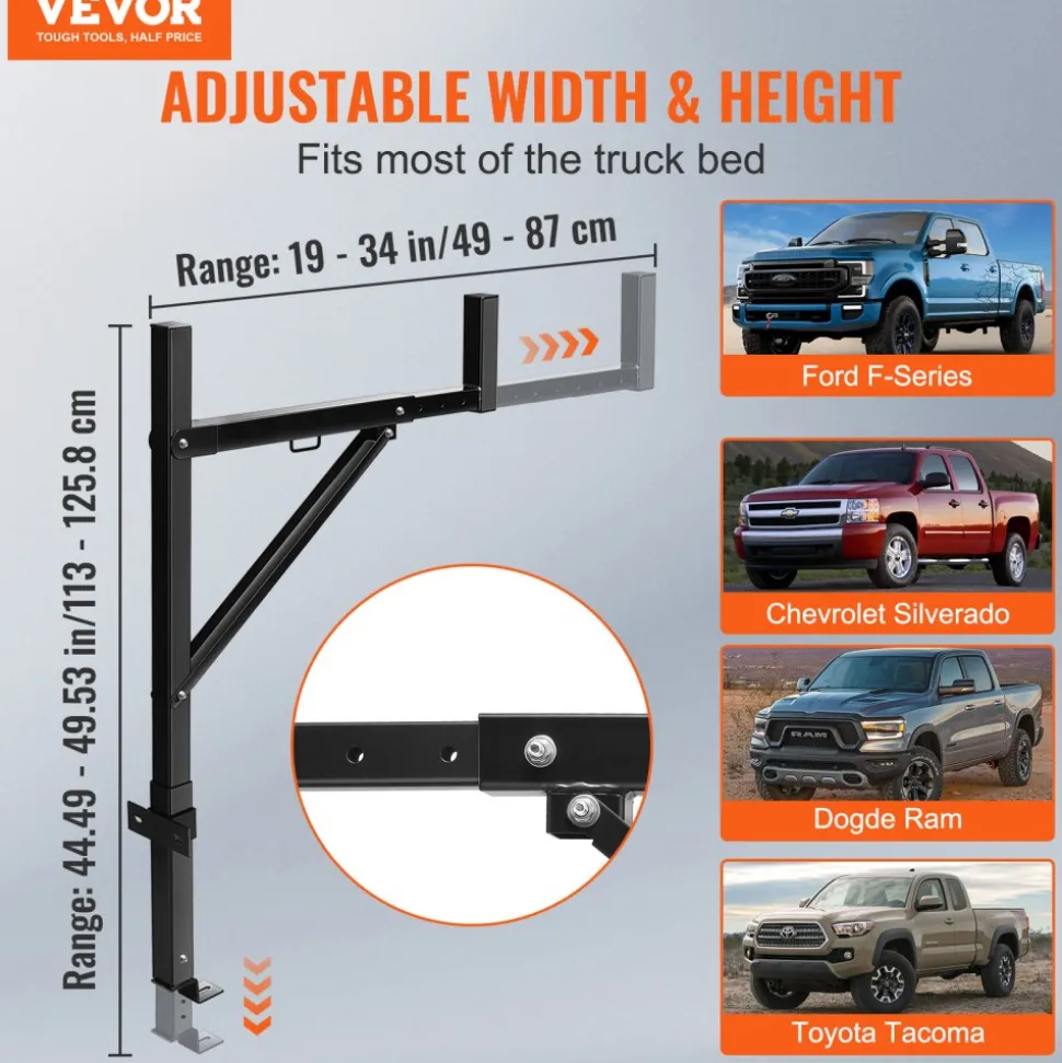 VEVOR Truck Rack, 19-34inch Extendable Truck Ladder Rack, 38.6"-43.6" Adjustable Height, 250 lbs Capacity Steel Ladder Rack for Truck, Heavy Duty Truck Bed Rack for Kayak, Surfboard, Lumber, Ladder