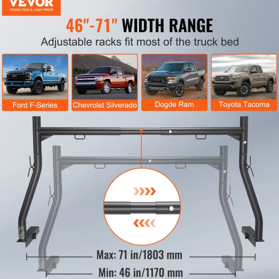 VEVOR Truck Rack, 46-71inch Extendable Truck Ladder Rack, 800 lbs Capacity Steel Ladder Rack for Truck with Non-Drilling J-bolts, Heavy Duty Truck Bed Rack for Kayak, Surfboard, Lumber, Ladder