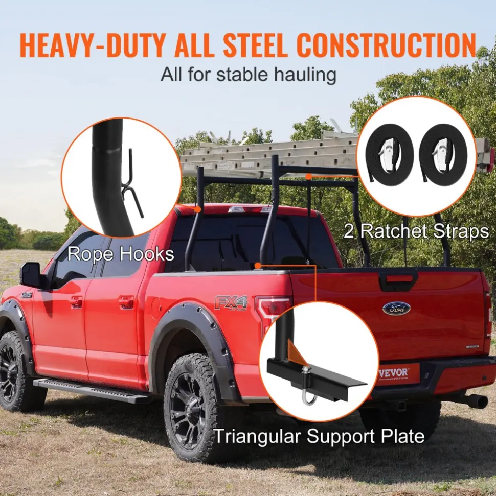 VEVOR Truck Rack, 46-71inch Extendable Truck Ladder Rack, 800 lbs Capacity Steel Ladder Rack for Truck with Non-Drilling J-bolts, Heavy Duty Truck Bed Rack for Kayak, Surfboard, Lumber, Ladder