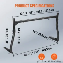 VEVOR Truck Rack, 46-71inch Extendable Truck Ladder Rack, 800 lbs Capacity Steel Ladder Rack for Truck with Non-Drilling J-bolts, Heavy Duty Truck Bed Rack for Kayak, Surfboard, Lumber, Ladder