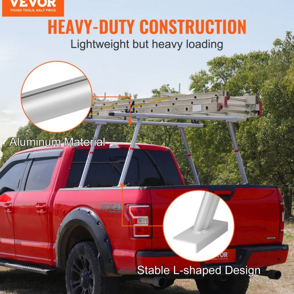 VEVOR Truck Rack, 800 lbs Capacity, 19-34in Adjustable Height, Aluminum Ladder Rack for Truck with 8 Non-Drilling C-clamps, Heavy Duty Truck Bed Rack Two-Bar Set for Kayak, Surfboard, Lumber, Ladder