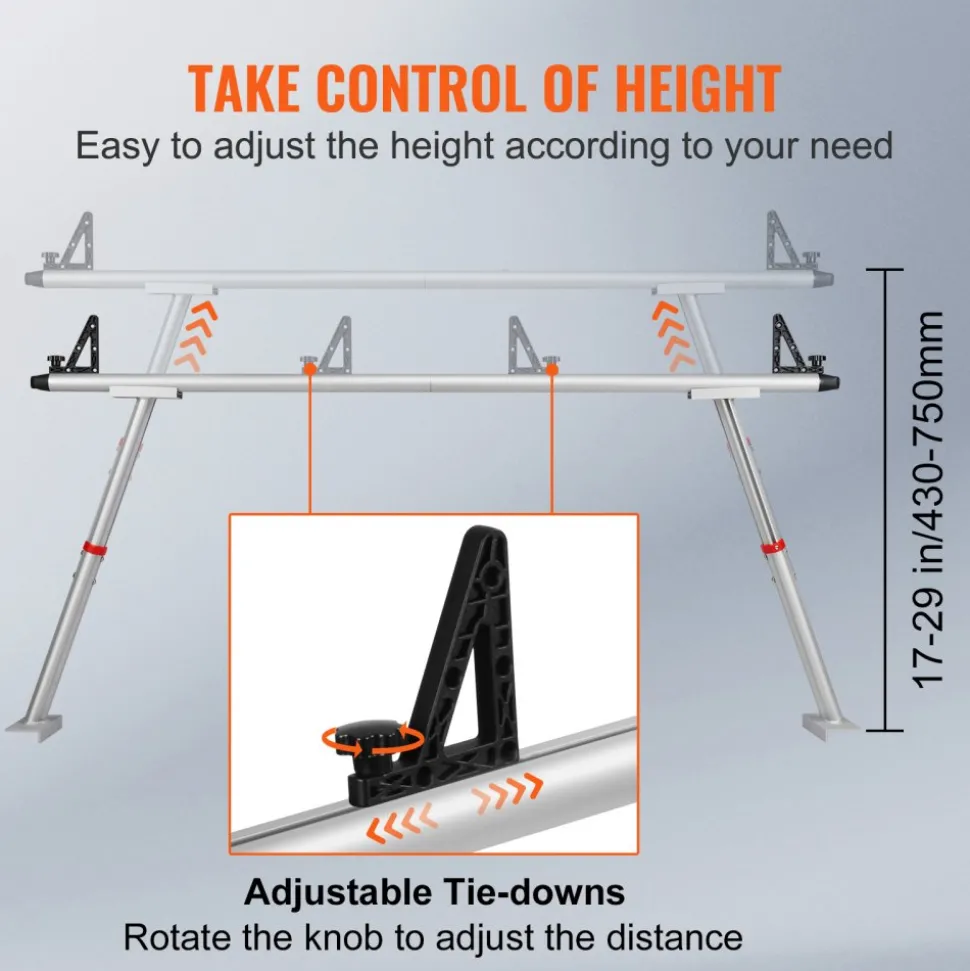 VEVOR Truck Rack, 800 lbs Capacity, 19-34in Adjustable Height, Aluminum Ladder Rack for Truck with 8 Non-Drilling C-clamps, Heavy Duty Truck Bed Rack Two-Bar Set for Kayak, Surfboard, Lumber, Ladder