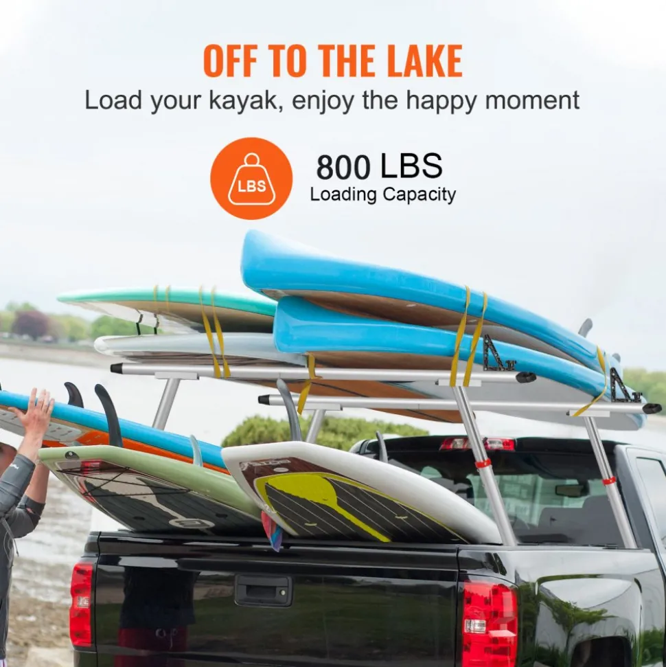 VEVOR Truck Rack, 800 lbs Capacity, 19-34in Adjustable Height, Aluminum Ladder Rack for Truck with 8 Non-Drilling C-clamps, Heavy Duty Truck Bed Rack Two-Bar Set for Kayak, Surfboard, Lumber, Ladder