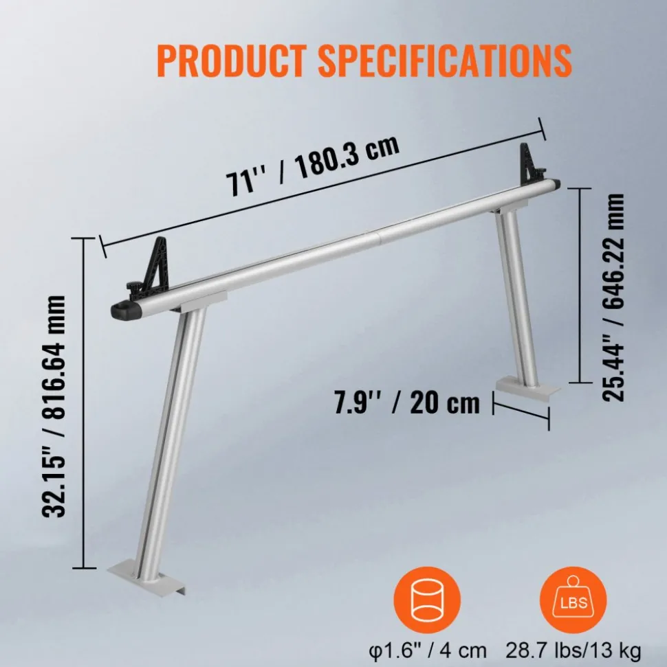 VEVOR Truck Rack, 800 lbs Capacity, 71"x32" Aluminum Ladder Rack for Truck with 8 Non-Drilling C-clamps, Heavy Duty Truck Bed Rack Two-Bar Set for Kayak, Surfboard, Lumber, Ladder