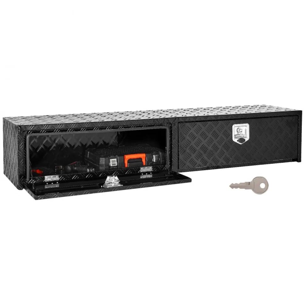 VEVOR Truck Tool Box, 72 x 13 x 16 Inch, Black Aluminum Tread Topsider Toolbox with Dual Drop Doors, Heavy Duty Lockable Storage and Organization Box with Latch, Corrosion-Resistant, for Truck Bed
