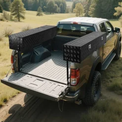 VEVOR Truck Tool Box, 88 x 16 x 13 Inch, Black Aluminum Tread Topsider Toolbox with Dual Drop Doors, Heavy Duty Lockable Storage and Organization Box with Latch, Corrosion-Resistant, for Truck Bed
