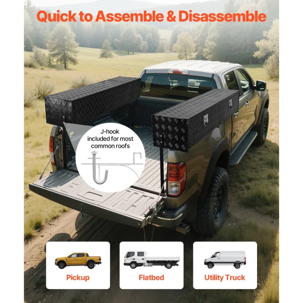 VEVOR Truck Tool Box, 88 x 16 x 13 Inch, Black Aluminum Tread Topsider Toolbox with Dual Drop Doors, Heavy Duty Lockable Storage and Organization Box with Latch, Corrosion-Resistant, for Truck Bed