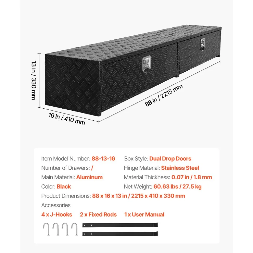 VEVOR Truck Tool Box, 88 x 16 x 13 Inch, Black Aluminum Tread Topsider Toolbox with Dual Drop Doors, Heavy Duty Lockable Storage and Organization Box with Latch, Corrosion-Resistant, for Truck Bed